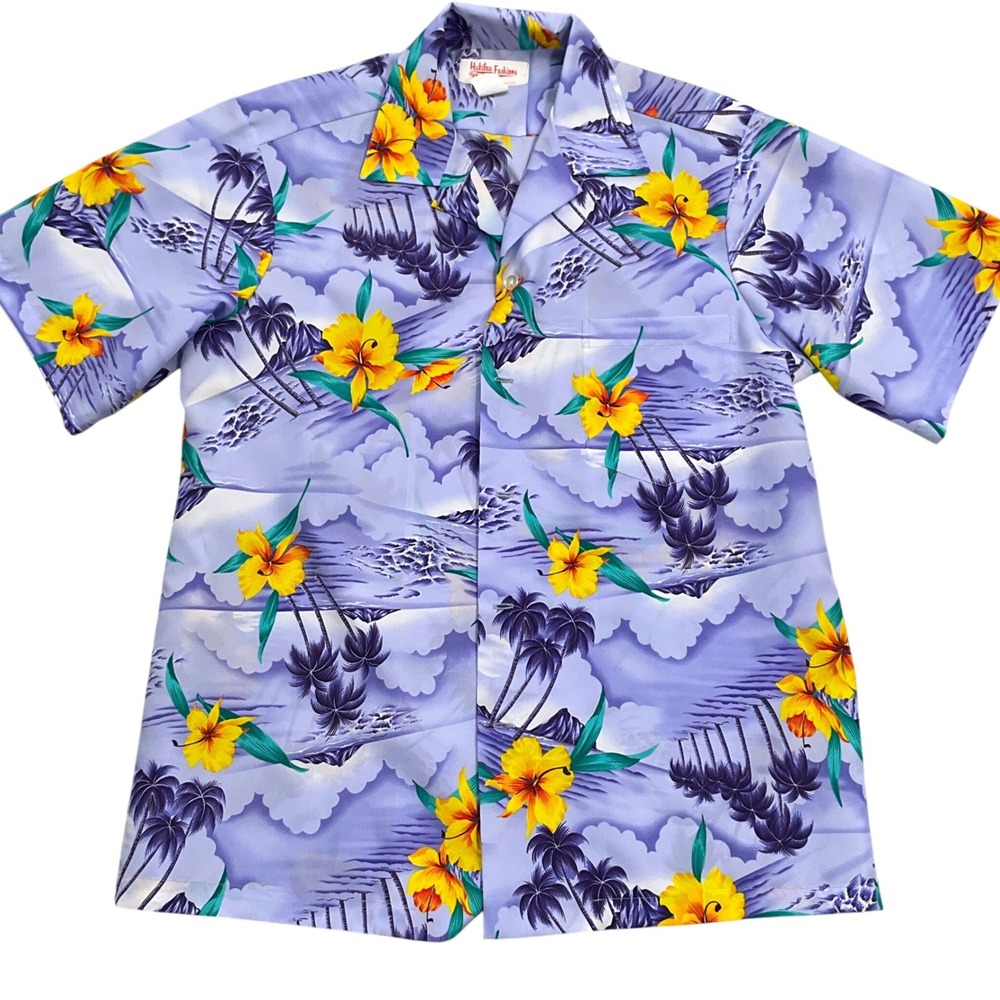Hukilau Hawaiian Shirt‎ Men L Purple Floral Palm Resortwear Tropical Aloha VTG